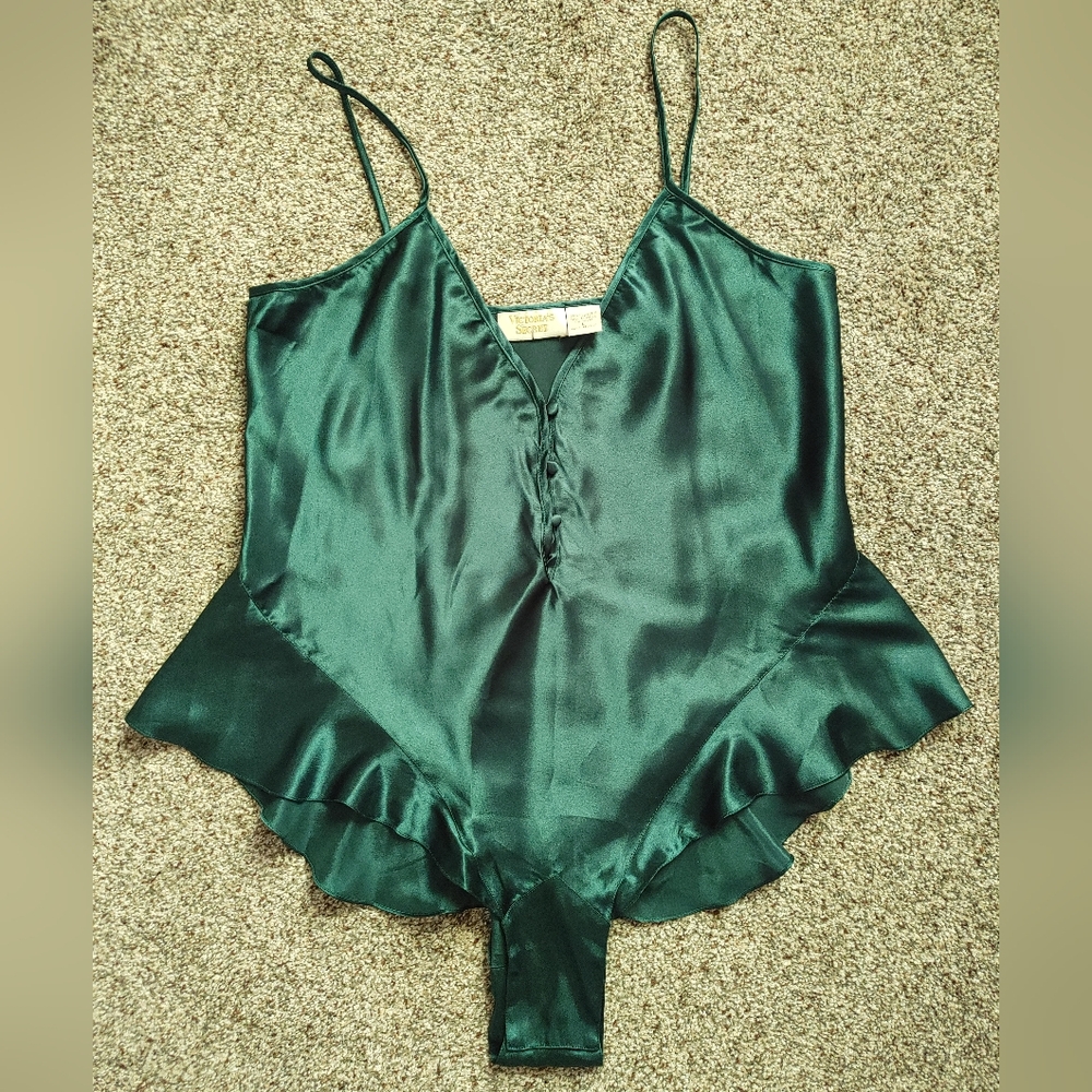 Victoria's Secret gold label emerald green teddy Vintage
